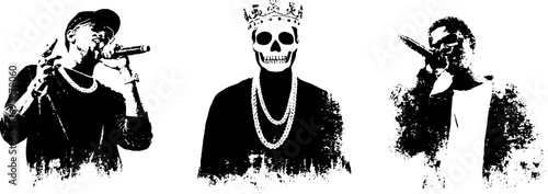 Grunge black and white urban rapper illustrations set for design and decor