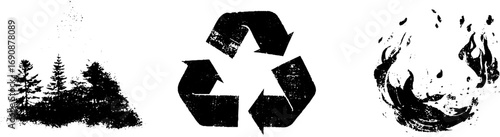 Grunge black and white recycle and nature symbol set for eco-friendly design