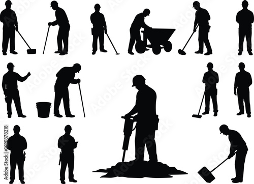 Silhouette construction workers, men using jackhammer, pushing wheelbarrow, holding tools, repairing ground, heavy labor, industrial job, road work, vector black worker silhouettes illustration