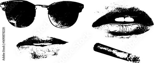 Retro grunge black and white set with sunglasses, lips, and cigar for urban vintage design