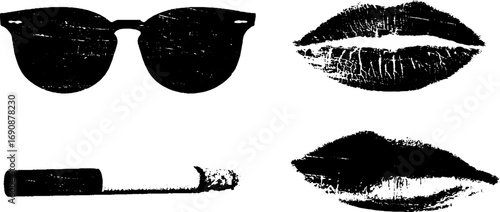 Retro grunge silhouettes: sunglasses, lips, and cigarette design for urban art projects