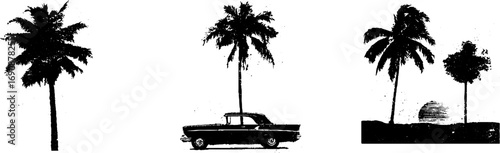 Retro black and white grunge illustration set featuring palm trees and vintage car silhouettes for urban design