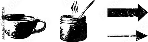 Grunge black and white set featuring retro cup, jar, and arrow elements for vintage design