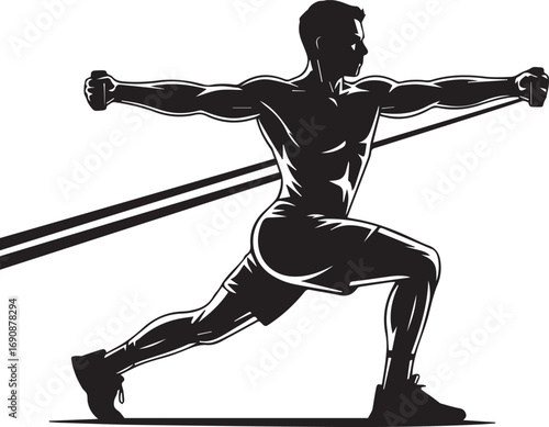 Muscular male fitness athlete silhouette performing resistance band exercise dynamic workout action