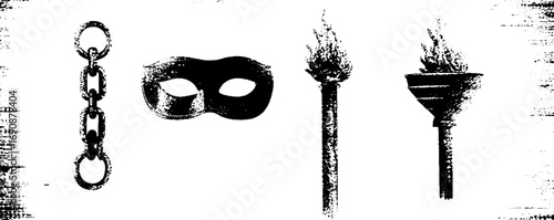 Grunge black and white ritual objects set for design and decoration