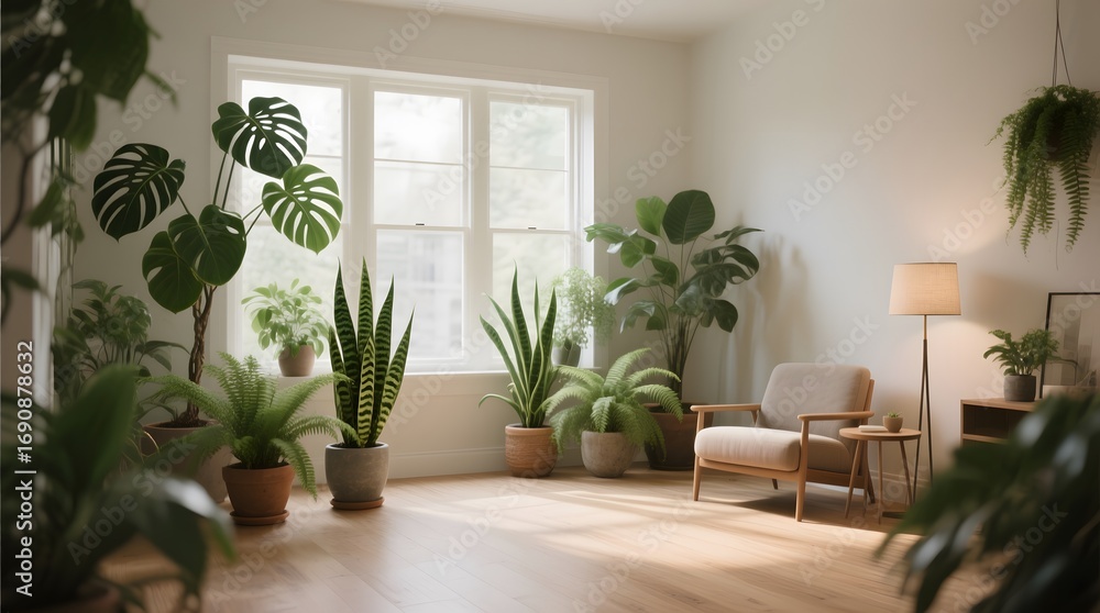 Fototapeta premium Cozy Indoor Space with Green Plants and Natural Light Streaming In