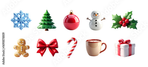 Set of Christmas clipart elements, snowflake, Christmas tree, ball, snowman, holly berry, gingerbread man, bow, caramel cane, cocoa drink, gift box isolated. 3d rendering. PNG transparent background