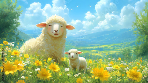 Happy sheep enjoy a bright summer day surrounded by blooming flowers and nature.