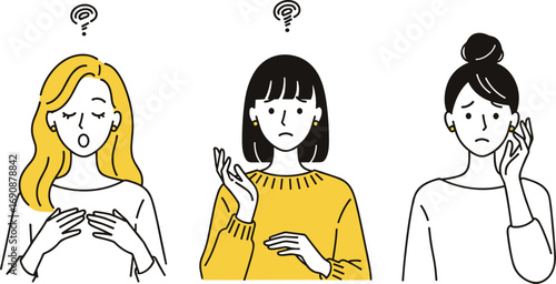 Cartoon people showing confused expressions, vector illustration, question marks, uncertainty, doubt, concern, emotional reaction, facial expression, communication, workplace, character
