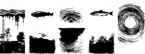 Black and white grunge river illustration set featuring fish and nature elements for creative design