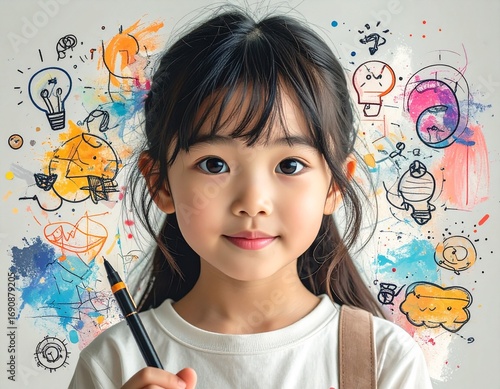 Bright-eyed young girl inspires creativity, holding a pen against a backdrop of colorful, hand-drawn ideas and playful illustrations, embodying childhood imagination