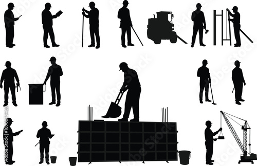 Silhouette construction workers, men with tools, operating crane, reading plans, using shovel, measuring ground, carrying box, industrial labor job, vector black worker silhouettes illustration