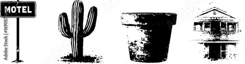 Grunge black and white vintage motif set featuring motel sign, cactus, clay pot, and rustic house silhouette