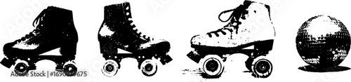 Vintage roller skate and disco ball grunge black and white illustration set for retro design