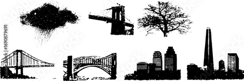 Urban grunge black and white set featuring bridges, cityscape, tree, and cloud illustration for design