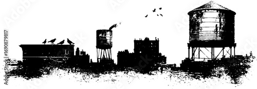 Urban rooftop silhouette with water towers and birds - grunge black and white design for posters