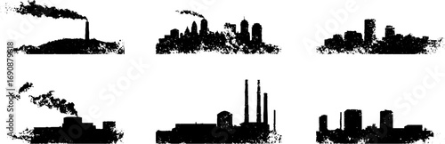 Grunge black and white urban silhouettes of rooftops and cityscapes for artistic design