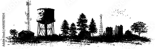 Grunge black and white urban rooftop silhouette with trees and water tower for artistic design projects