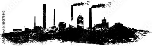 Grunge black and white urban rooftop silhouette with industrial smokestacks for design