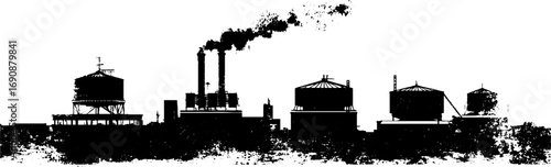 Industrial skyline silhouette with grunge elements in black and white for urban design