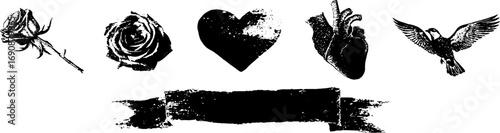 Grunge black and white set: roses, heart, anatomical heart, bird, and banner for design
