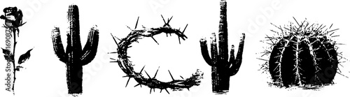 Grunge black and white cactus and rose set: urban floral designs for creative projects