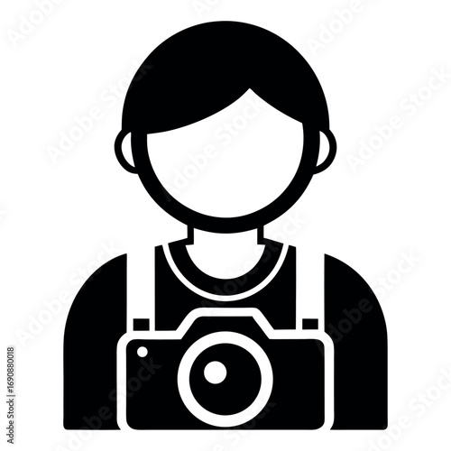 Black and White Icon of a Photographer with Camera Hanging on Shoulder Straps