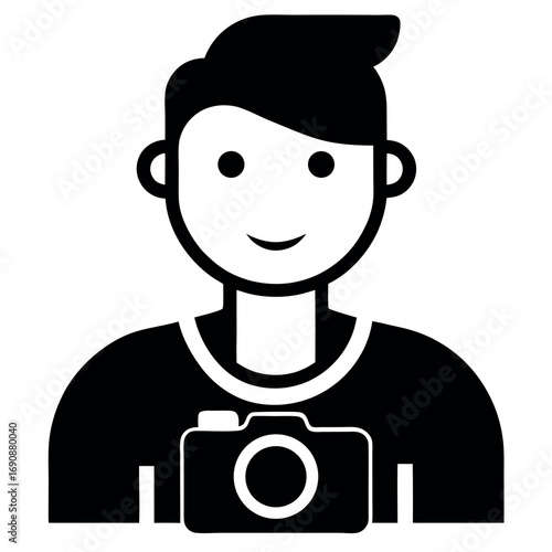 Black and White Icon of a Smiling Young Man Wearing a Camera TShirt