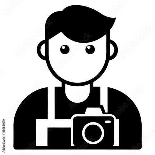 Monochrome Icon Photographer with Camera and Harness, Man with Camera Profession and Gear