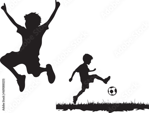 children playing with ball children jumping  2 children plying with football 