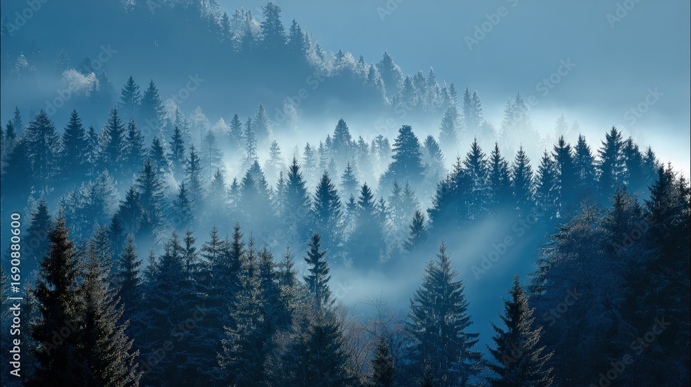 Obraz premium Misty forest landscape with pine trees at dawn