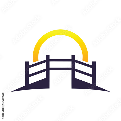 Stylized bridge arching over a gap with a yellow sun gradient vector
