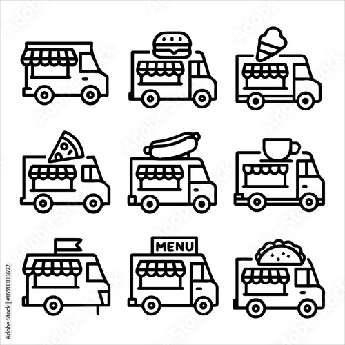 Food Truck Icons Burger Ice Cream Pizza Hotdog Coffee Taco Menu and Flag.