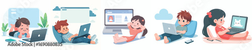 vector of a children lying down relaxing facing a laptop