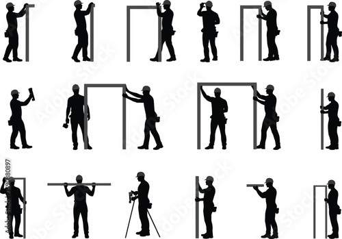 Silhouette construction workers, men installing frames, using tools, measuring levels, building structure, industrial job, teamwork, repair work, vector black builder silhouettes illustration