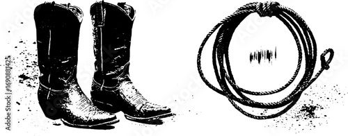 Black and white grunge saloon set featuring cowboy boots and lasso for rustic western design
