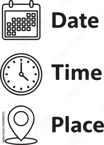 Calendar Clock and Location Pin Icons with Date Time Place Text vector illustration