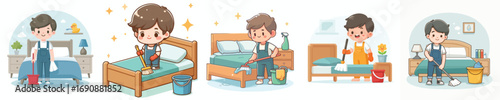 vector of a little boy cleaning the bed