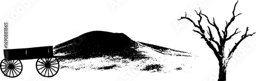 Grunge black and white illustration of desert scene with wagon and tree