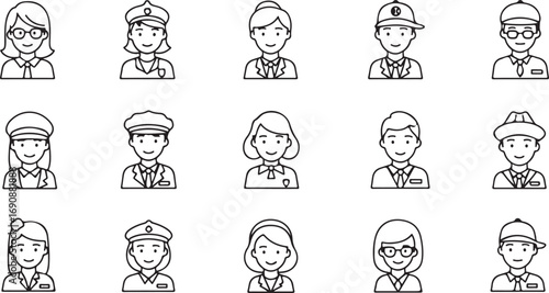 Collection of simple line art icons representing diverse professions and roles career