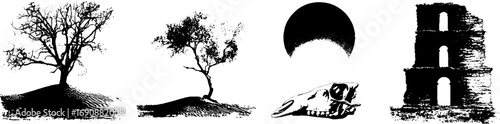 Grunge black and white illustration set featuring trees, skull, sunrise, and tower for artistic designs