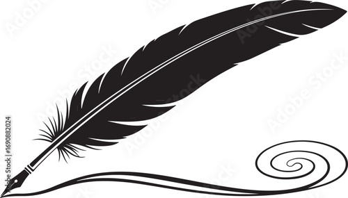 Black Silhouette of a Feather Quill Pen with Swirling Ink Strokes on White Background