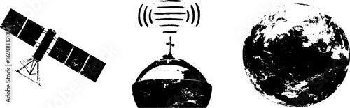 Grunge black and white satellite and planet illustration set for urban design