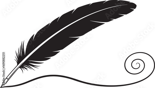 Black Silhouette of a Quill Pen with a Swirl and Wavy Line feather writing