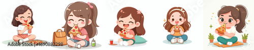 vector of a cute little girl eating pizza