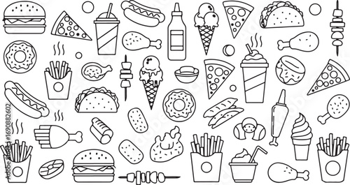 Collection of doodle style fast food and sweet treat icons on white background Keywords: fast food, icons