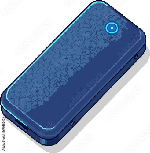 A stylized, pixelated image of a dark blue portable battery.