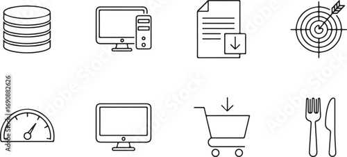Set of eight simple outline icons for business and data Keywords: icon, database, computer, document, download