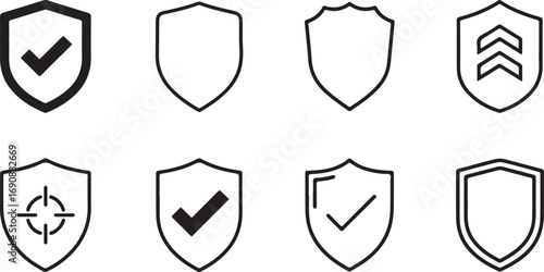 Eight black and white shield icons representing security and protection safety defense