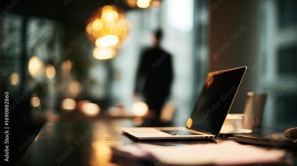 Fototapeta premium Laptop on desk in modern office with businessman in background